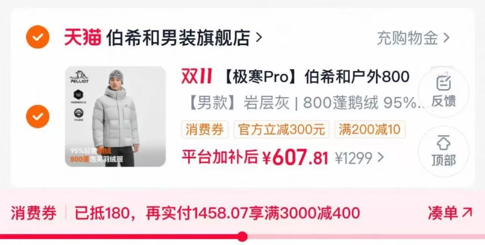 淘宝 88VIP 伯希和户外800蓬羽绒服 凑单拍下 607元 图 1